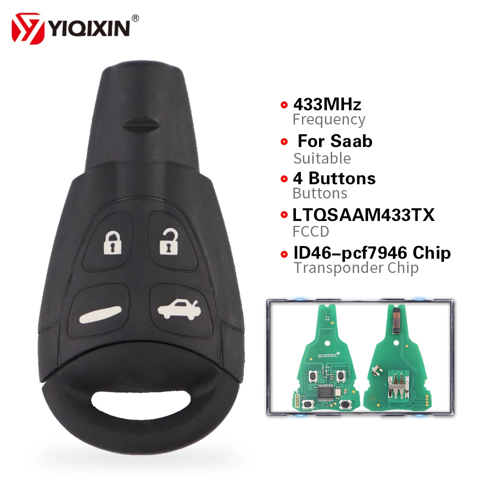 

YIQIXIN 4 Buttons Remote Control Car Smart Key 434Mhz PCF7946 ID46 Fob For Saab 9- 3 9-5 2003-2011 LTQSAAM433TX & Insert Blade