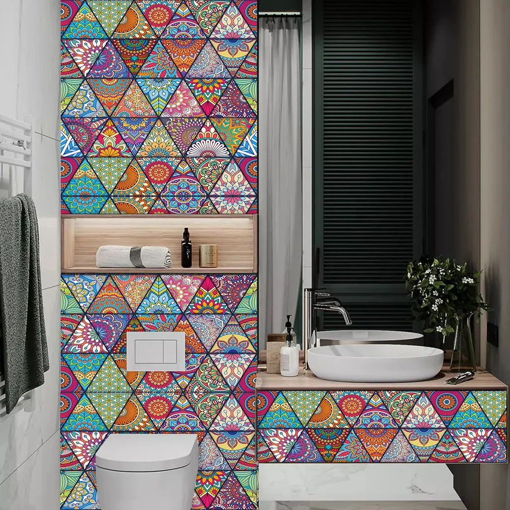 10/15/20cm Colorful Triangles Strip Tiles Wall Sticker Bathroom Kitchen Waist Line Decoration Wallpaper Peel & Stick Art Mural