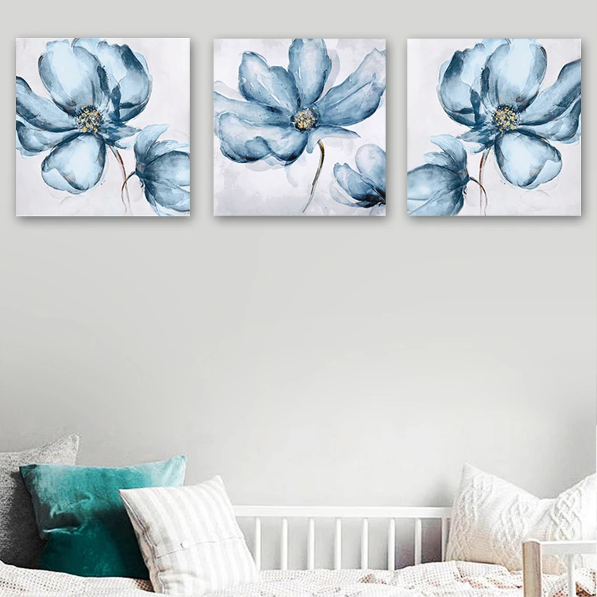 No Framed Wall Blue Artwork,Modern Abstract Oil Painting on Canvas, Flowers Picture Art, 3PCS Hand Painted, Home Decoration