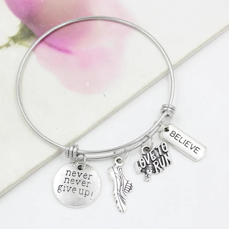 New Arrival Stainless Steel Wire Bangle Marathon Bracelet Zinc Alloy I Love to Run Charms Bracelet&Bangle Runners Gift Pulsera