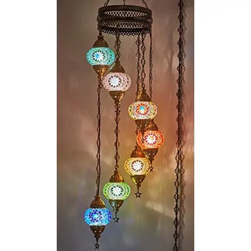 LaModaHome (Choose from 12 Designs) english Moroccan Mosaic Glass Chandelier Lights Hanging Ceiling Lamps (5 Globes 4.7 