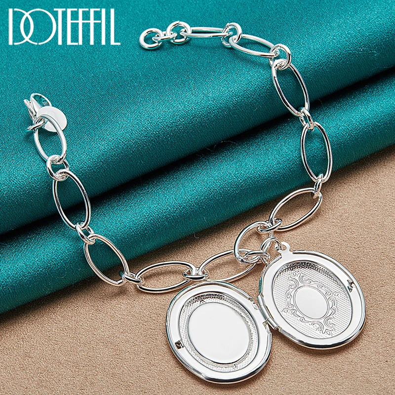 DOTEFFIL 925 Sterling Silver Oval Photo Frame Pendant Bracelet Chain For Women Man Fashion Charm Wedding Engagement Jewelry