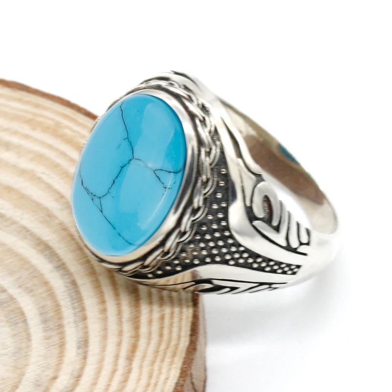 Hot Sale 925 Sterling Silver Ring Vintage Antique Natural Stone Ring Men\'s Punk Style Turquoise Ring High Jewelry Wedding Gift