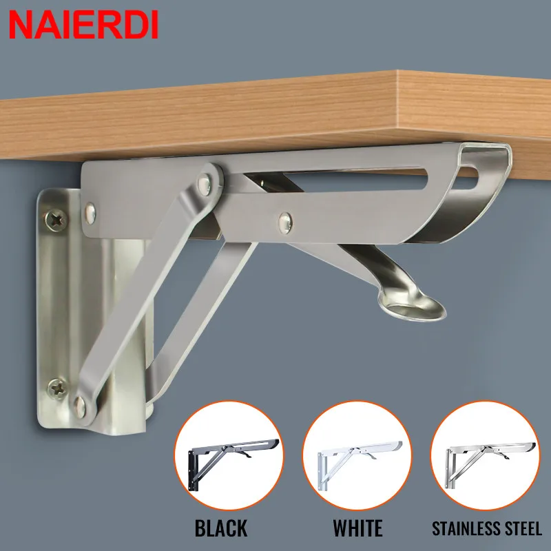 NAIERDI 2PCS 8-20inch Stainless Steel Folding Angle Bracket White Black Iron Triangle Wall Mount Bracket For Shelf Bench Table