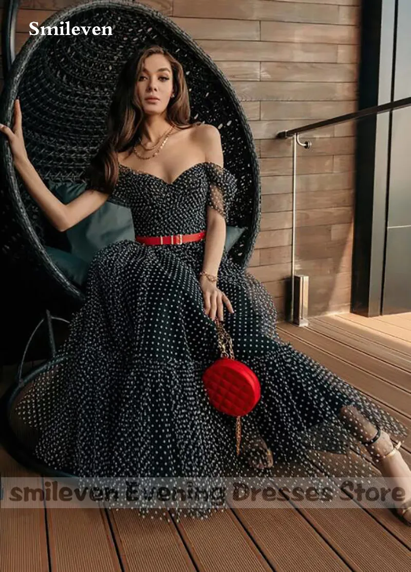 Smileven Black Polka Dots Tulle Prom Dress Sweetheart Off the Shoulder Ball Gown Formal Dresses Ankle-Length Ruched Party Gowns