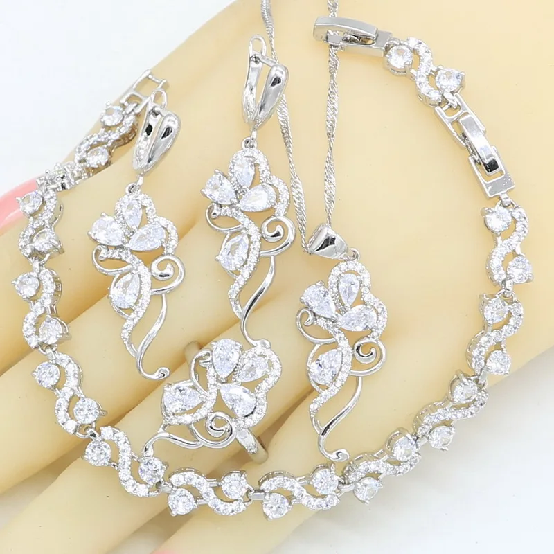 Dubai 925 Silver Jewelry Sets For Women White Zirconia Bracelet Necklace Pendant Earrings Ring Birthday Gift