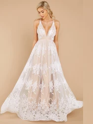 Women's Sexy Deep V-Neck Party Sheer Embroidered High Slit Fashionable Long Sleeved Ball Dress