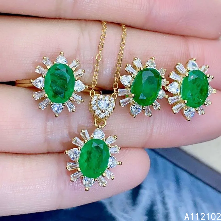 

KJJEAXCMY fine Jewelry 925 sterling silver inlaid natural Emerald girl fashion pendant ring earring set support test hot selling