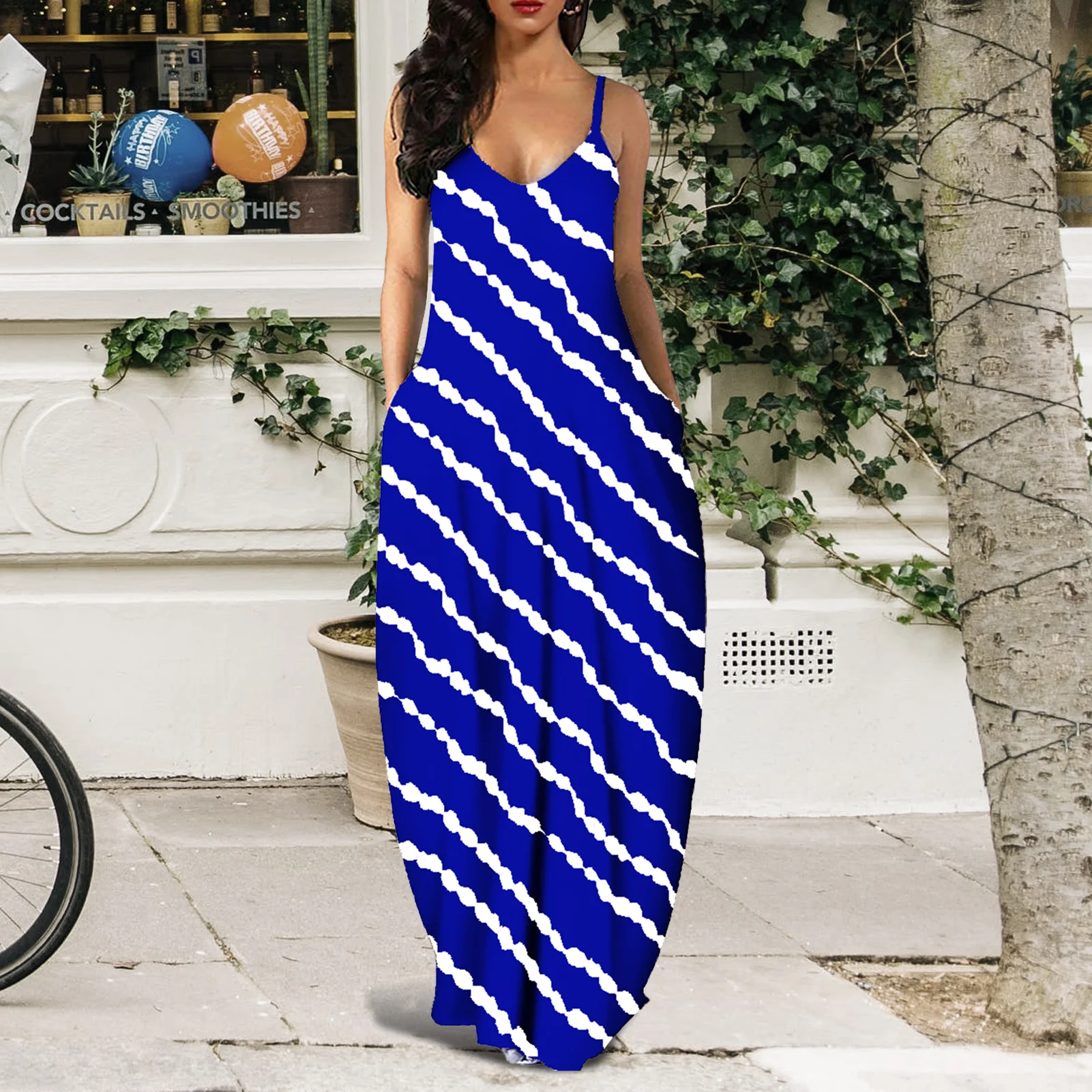 Women Dress Tie-dye Diagonal Stripe print long skirt deep V-collar O-line loose Stacked Hem backless dress Lady suspender dress