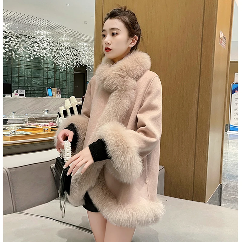 Winter Women\'s Woolen Coat Fashion Imitation Fox Fur Mid-Length Jacket Female Double-Sided Wool Cloak Thick Warm Outerwear 2025