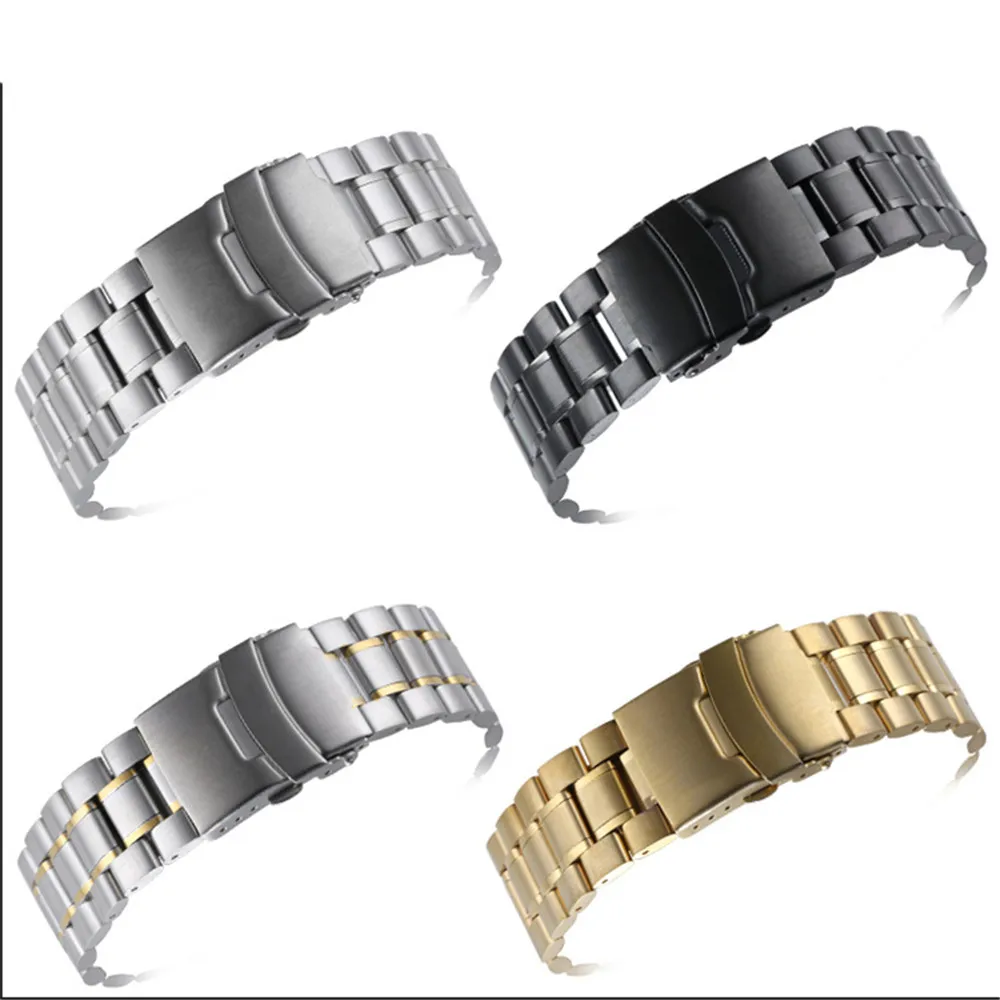 18mm 20mm 22mm 24mm Stainless Steel Curved End Watch Band Men Women Metal Solid Double Lock Buckle Strap Bracelet Accessories