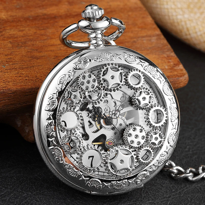 

Vintage Silver Hand Wind Mechanical Pocket Watch Men Hollow Gear Double-sided Steampunk Skeleton Fob Watch Necklace With Chain