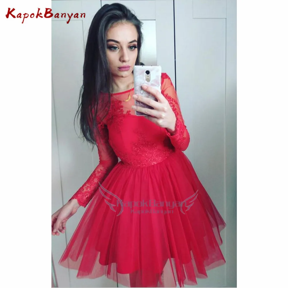 Vermelho mangas compridas tule curto vestido de baile scoop pescoço até o joelho renda vestido de festa feito sob encomenda