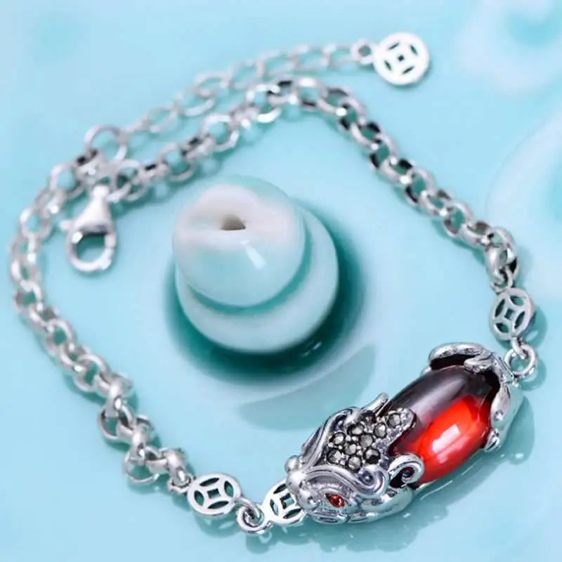 Hot sale S925 Sterling Silver Bracelet Dragon Son Pixiu Red Agate Bracelet