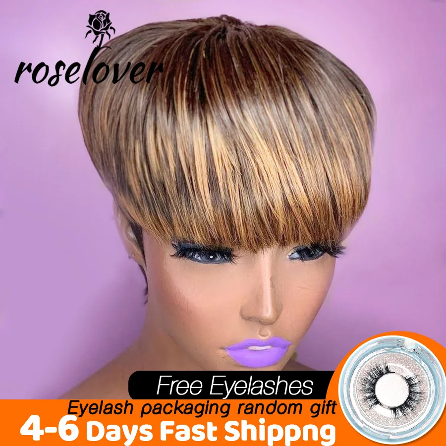 

Short Pixie Cut Bob Wig Wavy Highlight 4/27 Human Hair Wig No Lace Wigs Full Machine Made for Black Women Wavy Ombre Colored Wig