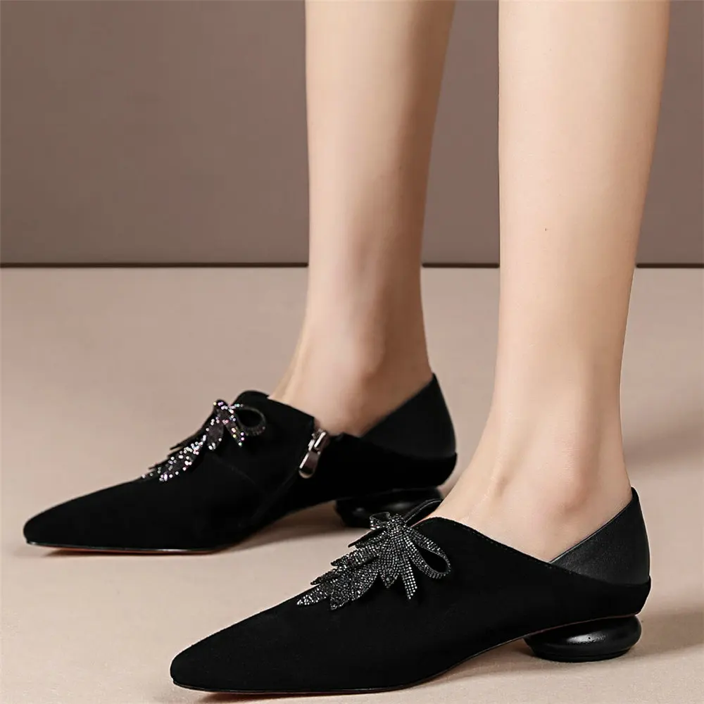 

New Pointed Toe Ankle Boots Women Genuine Leather Cuban Low Heels Pumps Shoes Female Shallow Platform Oxfords Shoes Casual Shoes