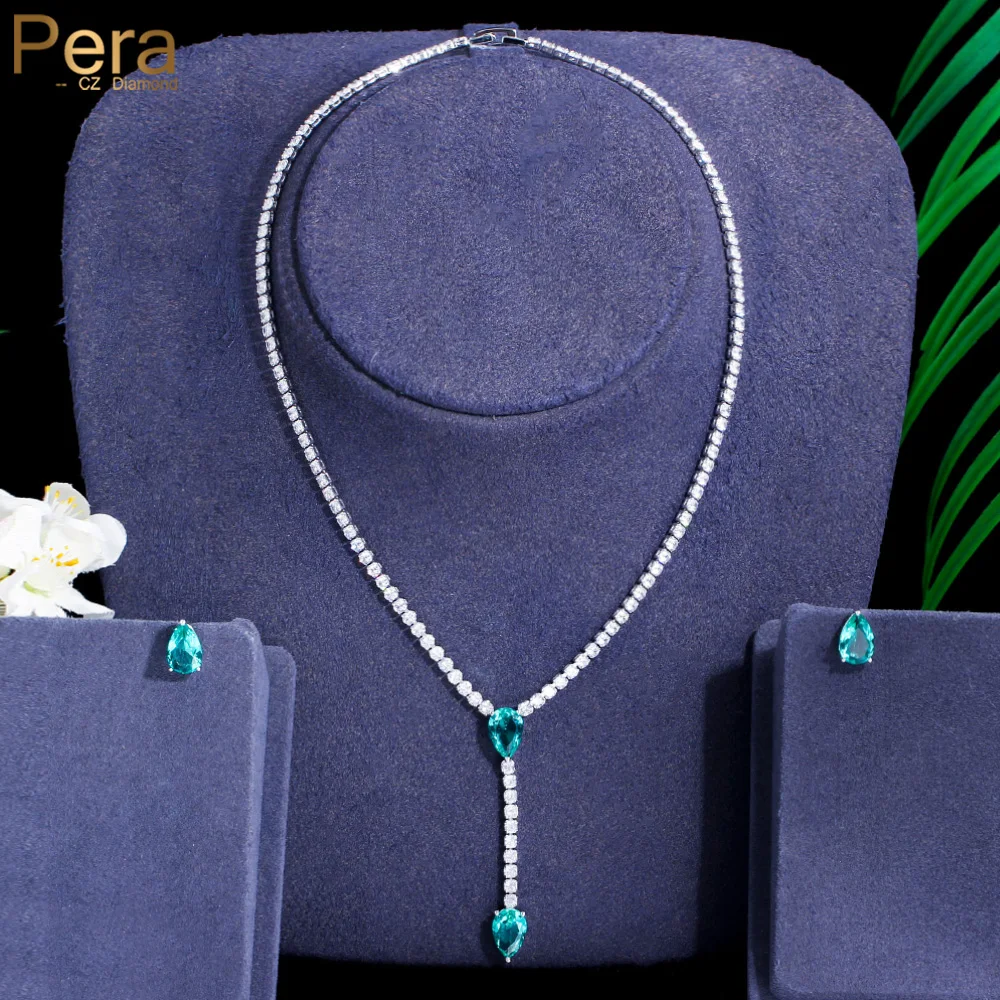 

Pera Perfect Green Cubic Zirconia Elegant Women Long Pendant Drop Necklace and Earrings Dress Costume Party Jewelry Sets J506