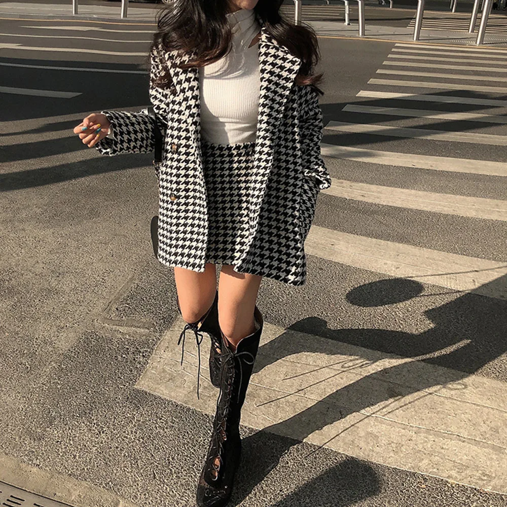 Spring Autumn Two 2 Piece Set Retro Houndstooth Small Fragrance Wind Mid-length Coat High Waist Skirt Women Jackets Elegant Set