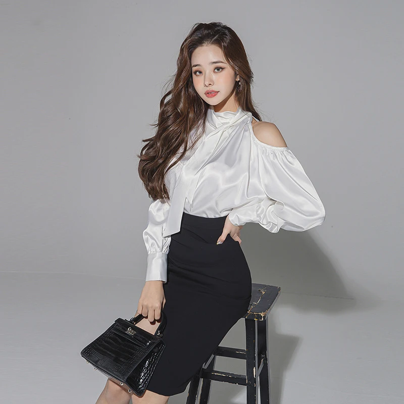 Spring Autumn Korean 2 Piece Set Elegant Women Lady Casual White Satin Loose Hollow Shirt Tops High Waist Midi Skirt Slim Outfit