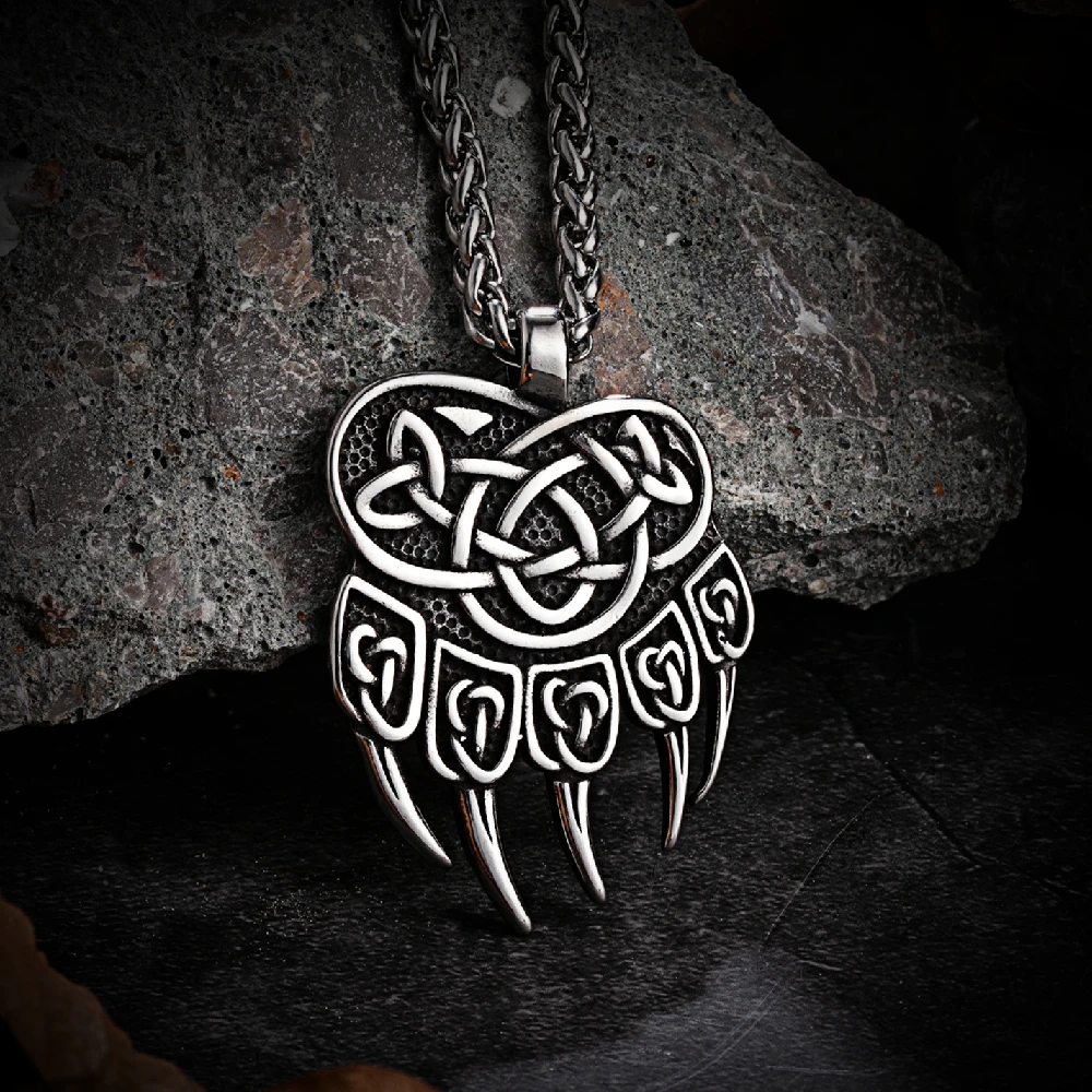 Mens Vikings Bear Claw Necklaces Stainless Steel Wolf Paw Self-defense Amulet Norse Runes Trinity Pendant Scandinavian Jewelry