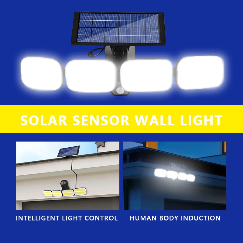 Four Head 240 COB 200 LED Solar Light Outdoor Motion Sensor Wall Light Waterproof Garden Lamp Emergency Pathway Yard Street Lamp