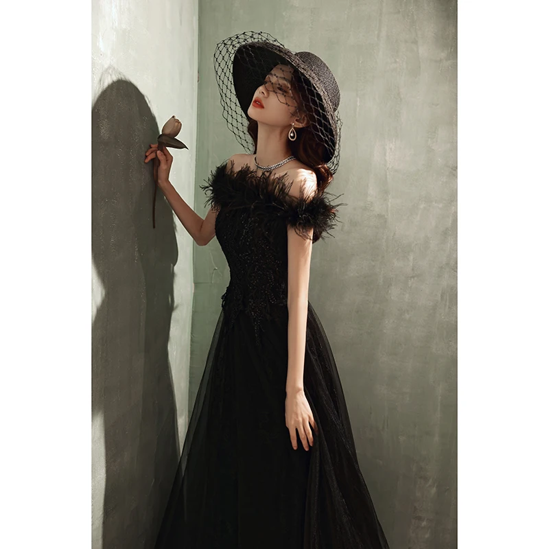 Off The Shoulder Evening Dress New Black Feather Mesh Slim Banquet Party Dress Elegant Long Formal Gowns Robe De Soiree