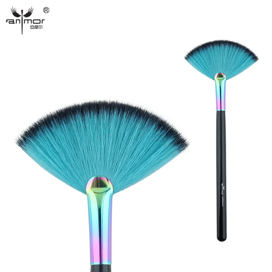 Anmor Professional Makeup Brush Fan Shape Powder Make Up Brushes with Rainbow Color Ferrule for Face Blusher Black Cosmetic Tool