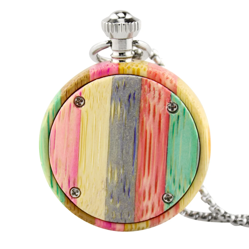 Novel Colorful Bamboo Wood Quartz Pocket Watch Arabic Numerals Round Dial Wooden Pendant Pocket Clock Men Women with Chain