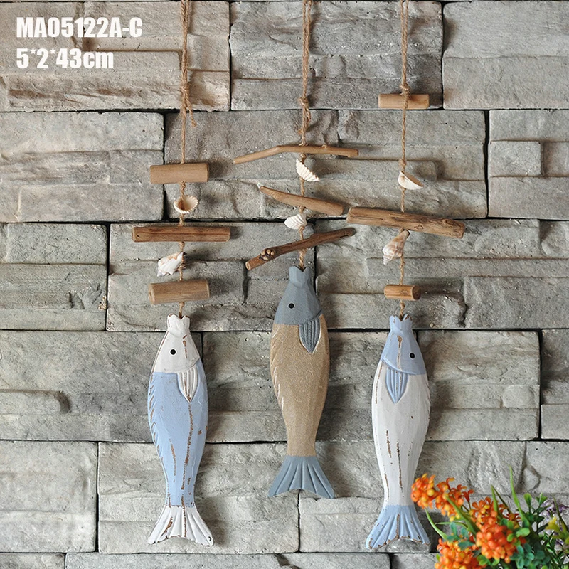 Mediterranean Decorative Wooden Fish Hangings Vintage Blue Wall Hanging Nautical Sea Figurines Home Decoration Accessories