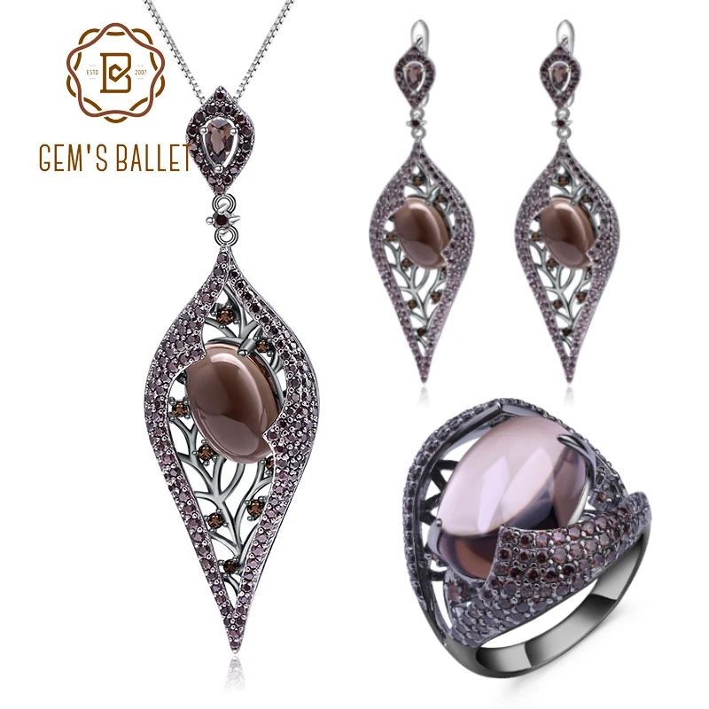 GEM\'S BALLET Natural Smoky Quartz Cocoa Jewelry Sets 925 Sterling Silver Earrings Ring Pendant Set For Women Luxury Jewelry