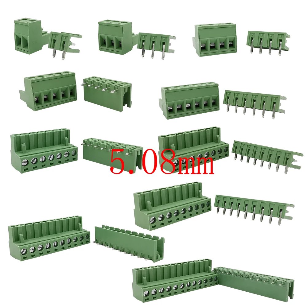 Conector de bloque de terminales de tornillo PCB, paso de 3,5mm, 3,81mm, 3,96mm, 5,08mm, Pin recto/ángulo recto, terminales de 2 a 12 Pines, 5 pares