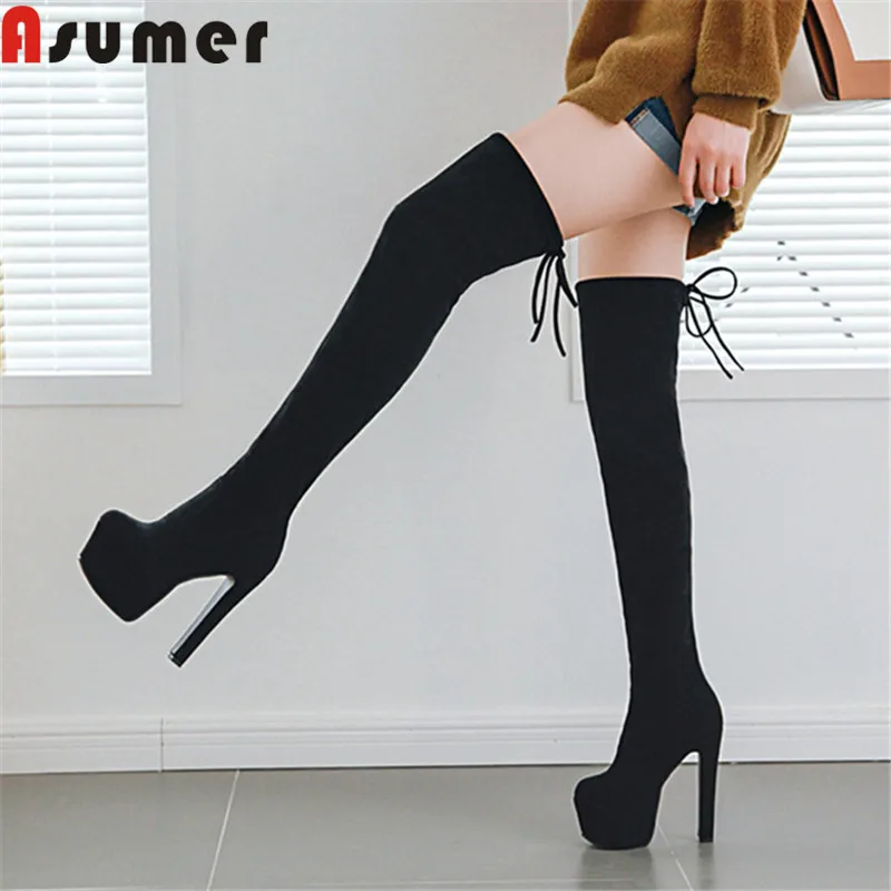 

ASUMER 2021 new over the knee boots women round toe thigh high stretch boots sexy super high heels platform women boots big size