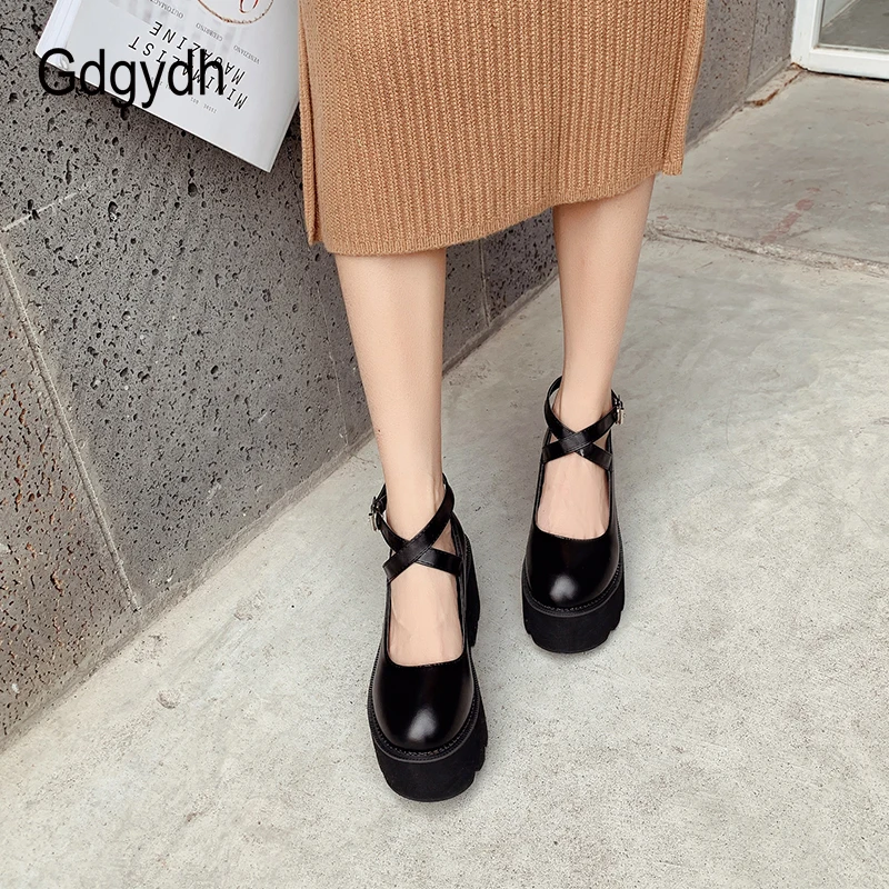 Gdgydh College Student Shoes Girl LOLITA Shoes JK Uniform PU Leather Platform Heels Ankle Strap Womens Pumps 2022 New Spring