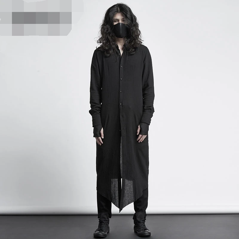 

Men's Long Cotton Linen Shirt Personality Fashion Men's Large Garment Robe Knee Length Slim Long Sleeve Shirt