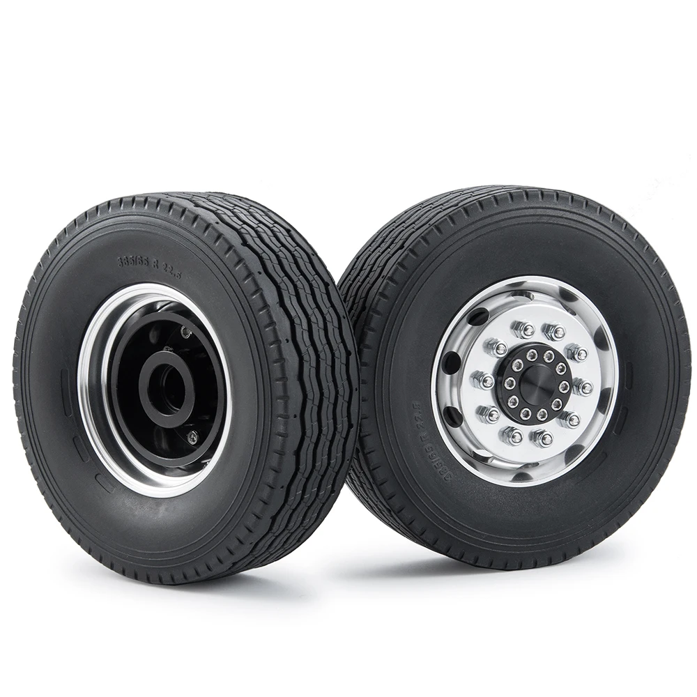 TRINOOD Aluminum Alloy Front Wheel Hub and Rubber Tyres Kit with Foam Inserts for 1/14 Tamiya Tractor Trucks Trailer Wheel Tires