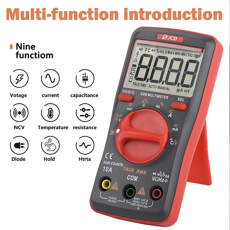 JCD UM16 Digital Multimeter Volt Meter Auto Ranging TRMS 6000 Counts Measures Temperature Voltage Tester with Backlight Portable