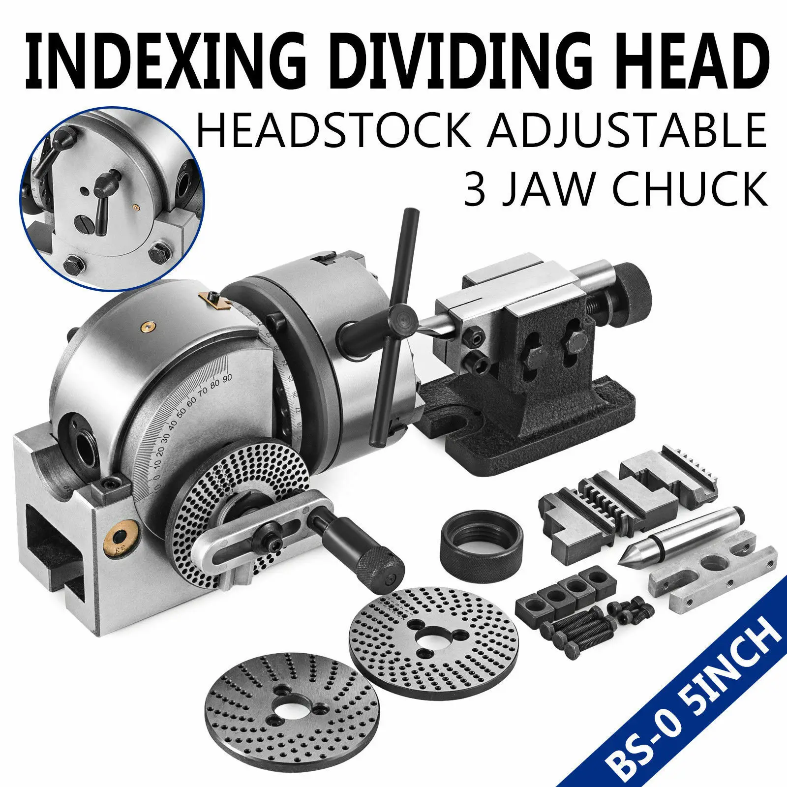 VEVOR 5-Inch Dividing Head Indexing Dividing Head 5 Inch Headstock Adjustable 3-jaw Chuck For Milling Machine