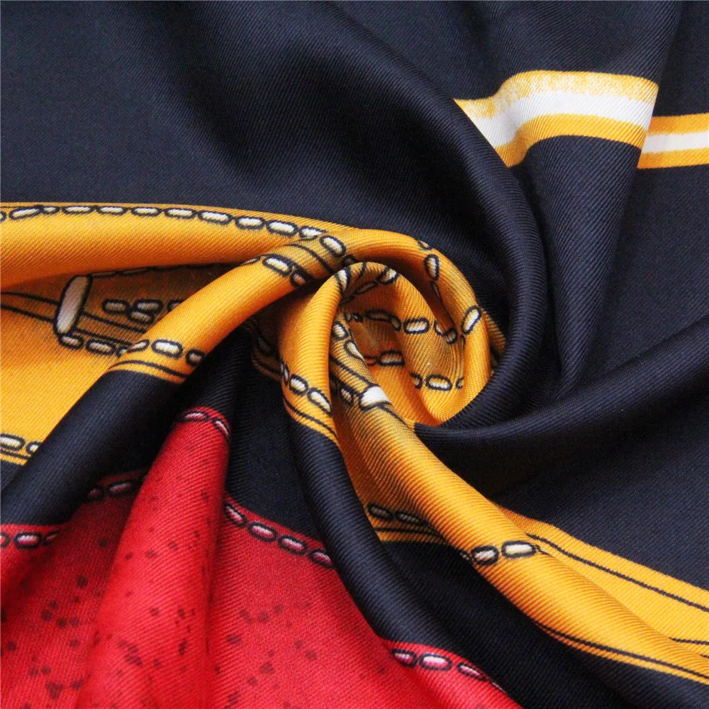 POBING Twill Silk Scarf Women Shawls Saddle Print Stoles Bandana Luxury Kerchief Hijab Square Scarves Wraps Silk Foulards 130CM