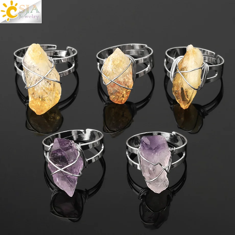 CSJA Women Ring Natural Stone Irregular Crystal Silver Color Wire Wrapped Adjustable Open Rings Reiki Fashion Jewelry Party G559