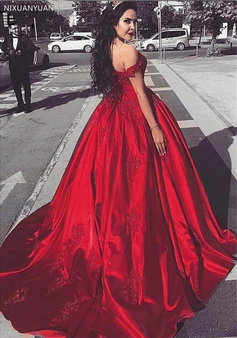 Long Red Off The Shoulder Prom Dresses 2023 Appliques Beaded Ball Gowns Reflective Dress Robe De Soiree