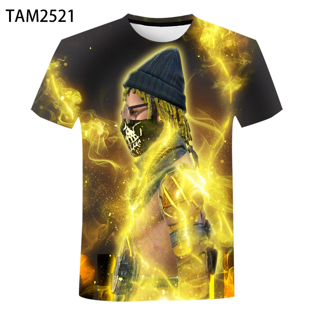 Camiseta deportiva de manga corta con estampado 3D para hombre y mujer, camisa de manga corta con cuello redondo, juego de disparos de fuego libre