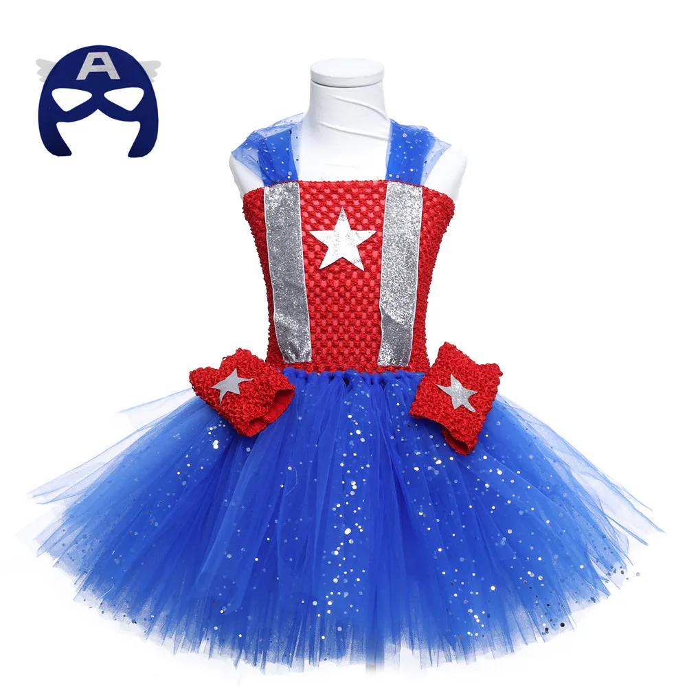 2021 New Royal Blue and Red Cartoon Cosplay Tutu Dresses Sparkly Tulle Children Kids Girls Party Outfits Set Children Clothes