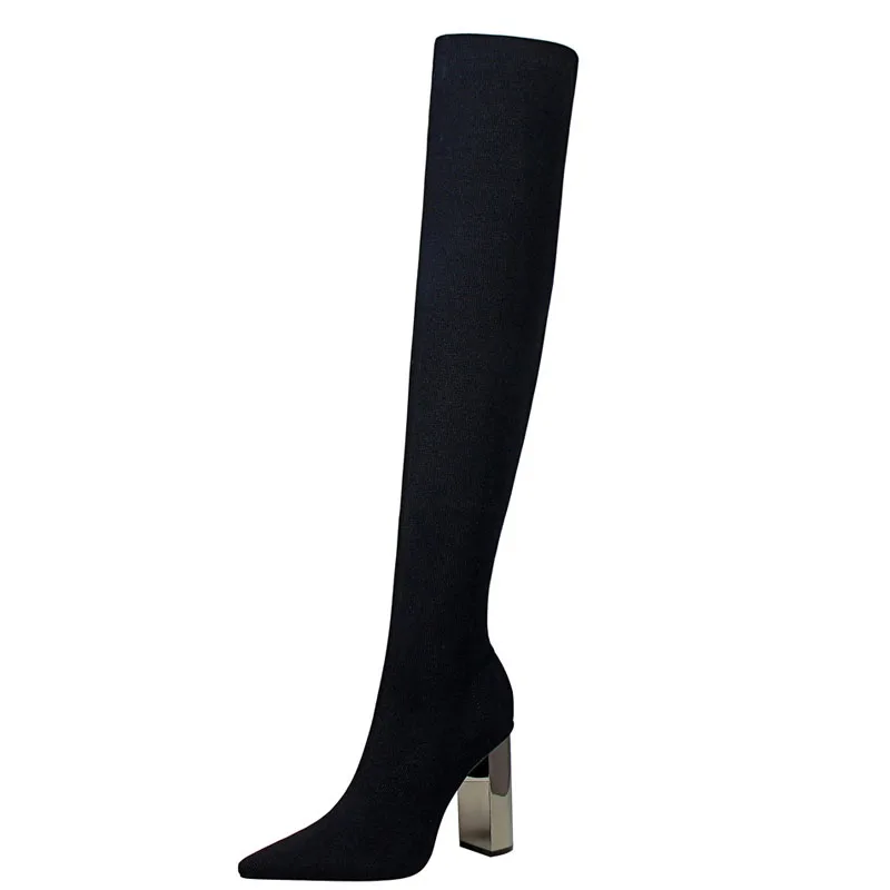 2023 Thigh High Boots Over The Knee Elastic Stretch Boots Women Metal High Heels Botas Mujer Sexy Knee High Sock Boots WSH4331