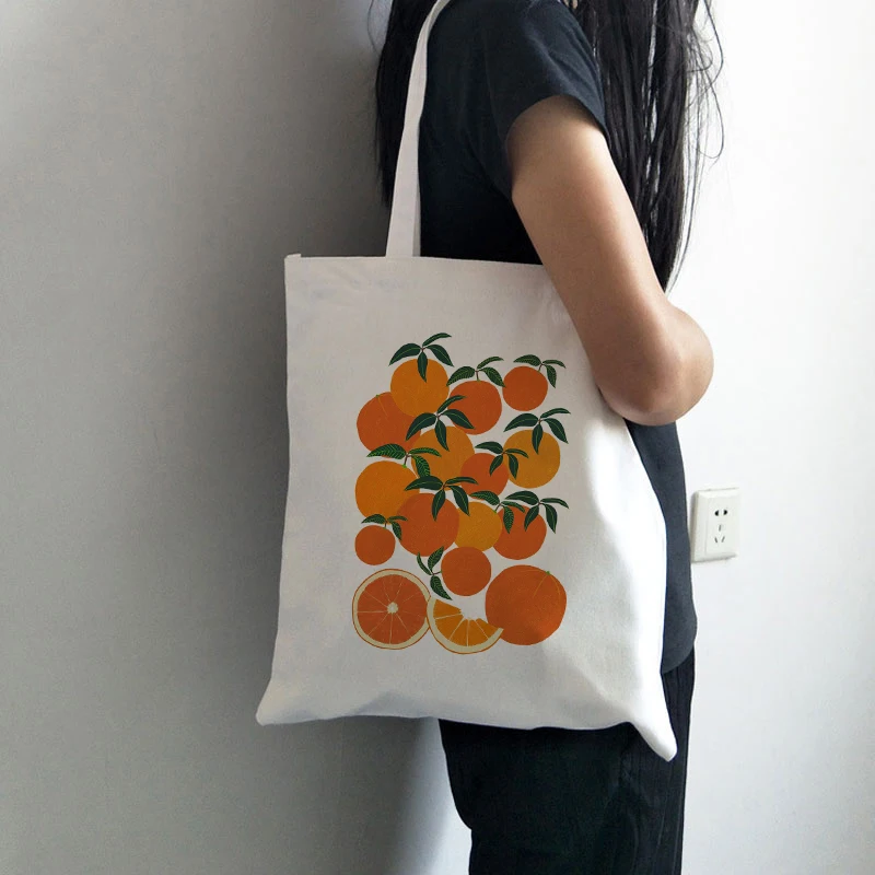 Orange Harvest Canvas Tote Bag for Women Cloth Cartoon White Shoulder Bag New Cute Shopping Bags Female Party Handbag