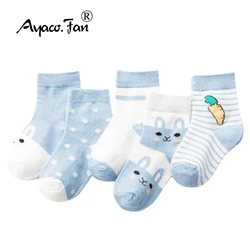 Chaussettes en coton pour enfants, 5 paires/lot, pour garçons et filles, pour bébé, automne, printemps, rayé, extensible, doux, mignon, dessin animé, pour 0-8T