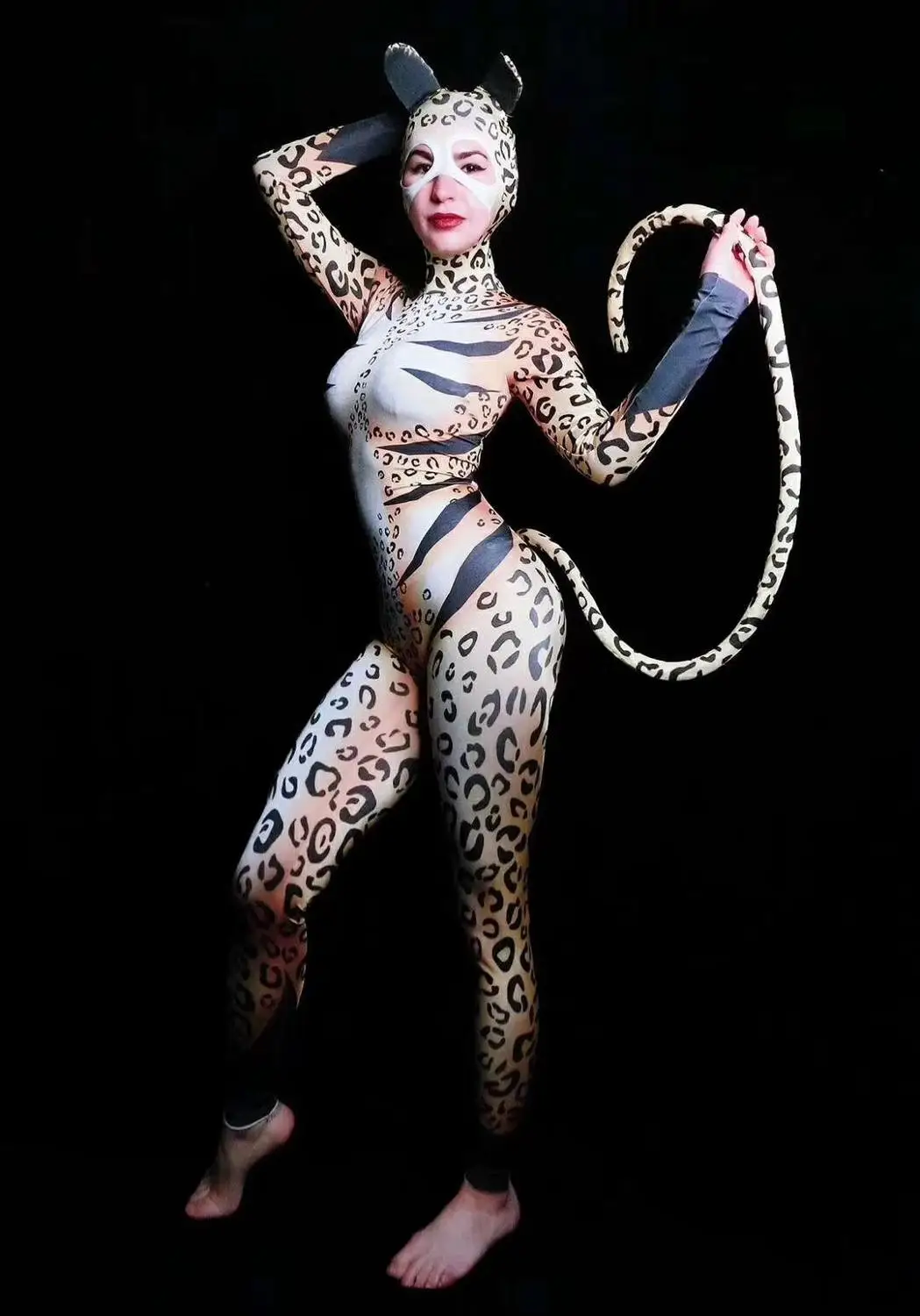 Women New Leopard Pattern Printing Cat Cosplay Jumpsuit Singer Bodysuit Stage Outfit Dance Prom Bar Model Show Outfit