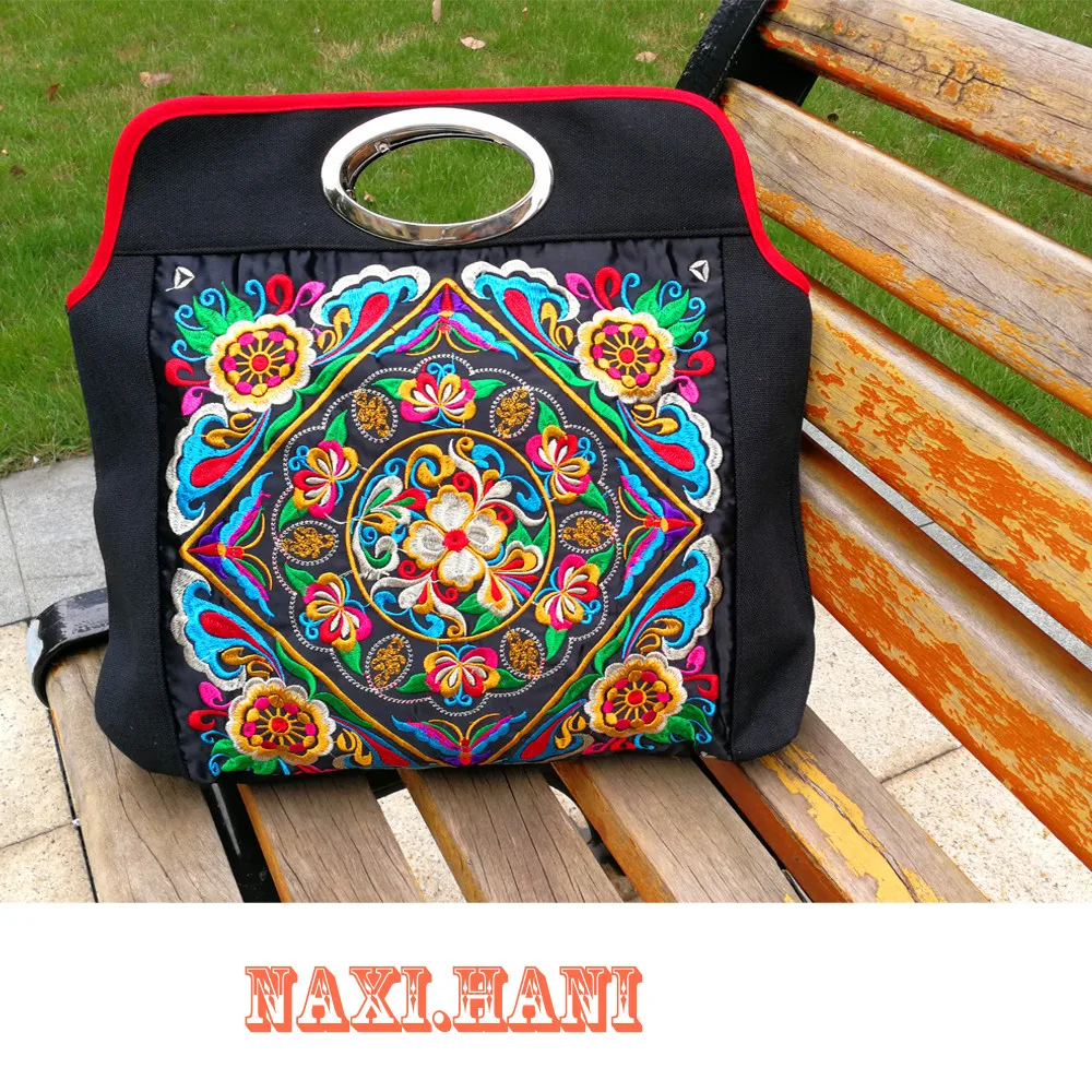 Vintage totes bag Bohemia embroidered Canvas bags Black Fashion  Casual women\'s Handbag Large briefcase