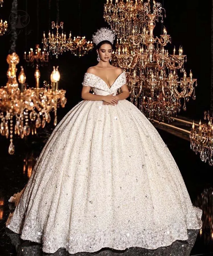 Vestidos de casamento de luxo, fora do ombro, com contas, brilho, vestido de baile, varre, trem, 2020