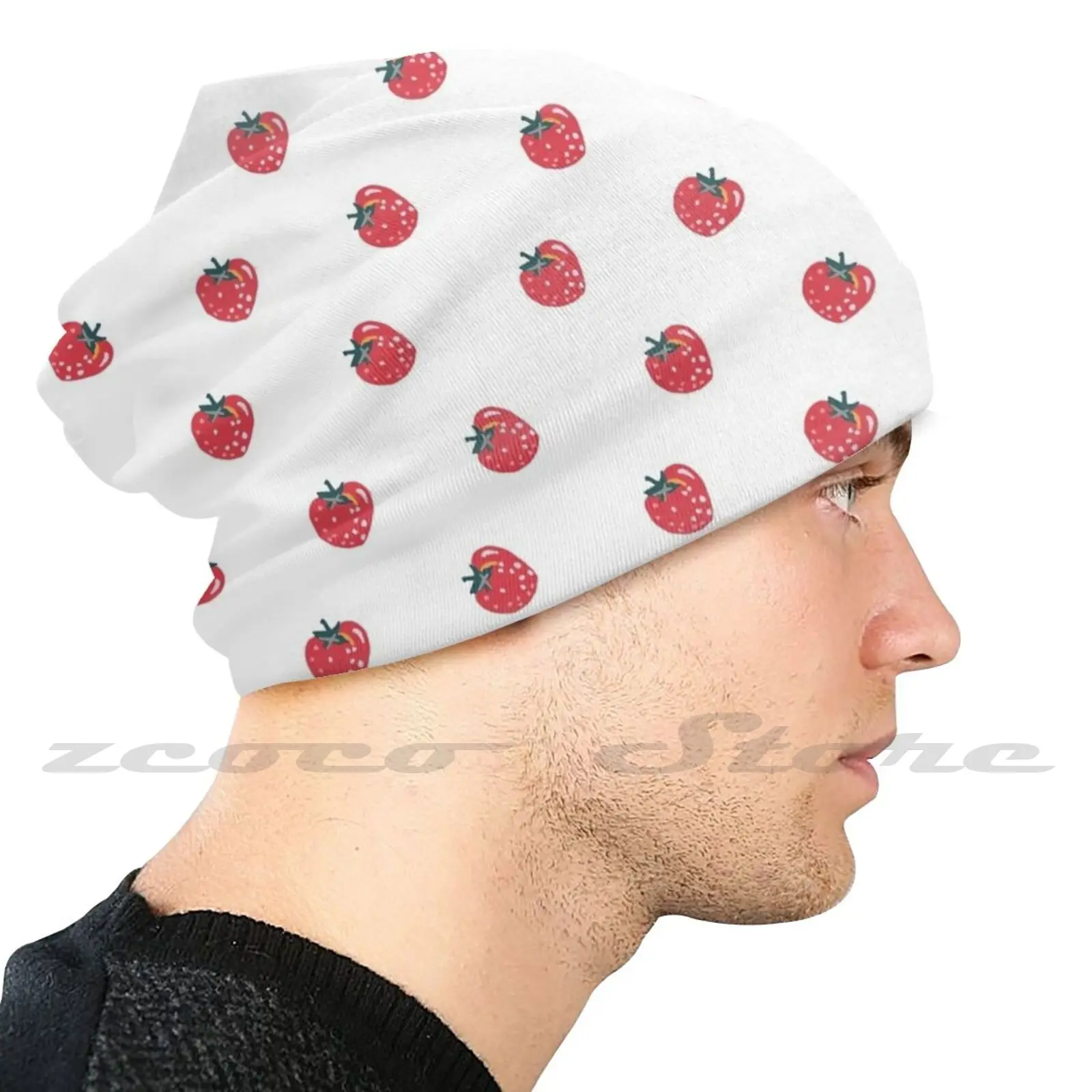 Strawberry-White Knit Hat Elastic Soft Personalized Pattern Present Cap Strawberry Berry Fruit Summer Picnic Brandy Brandy