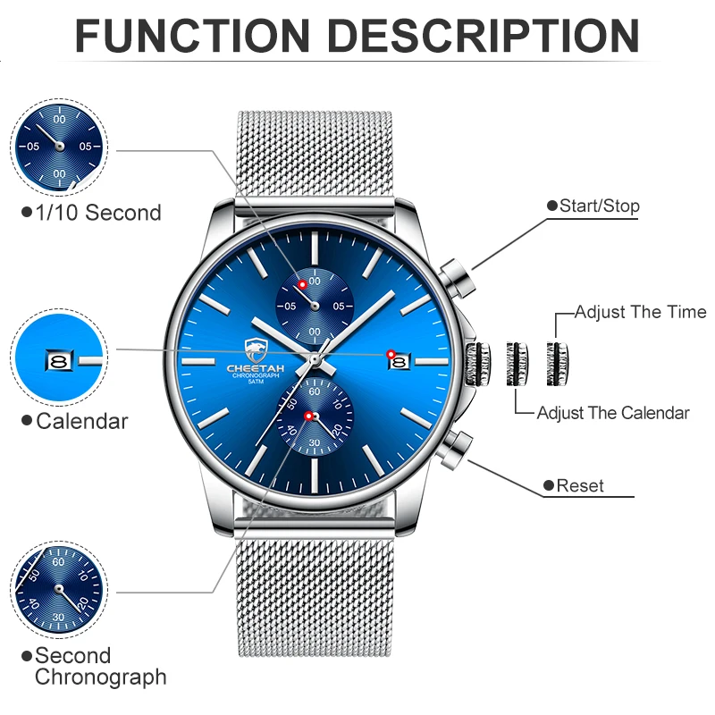 Men Watch New CHEETAH Top Brand Stainless Steel Waterproof Chronograph Watches Mens Business Blue Quartz Wristwatch reloj hombre